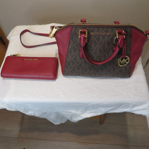 MICHAEL Michael Kors Red Pebble and MK Leather Satchel Crossbody and Wallet Set - Picture 1 of 15